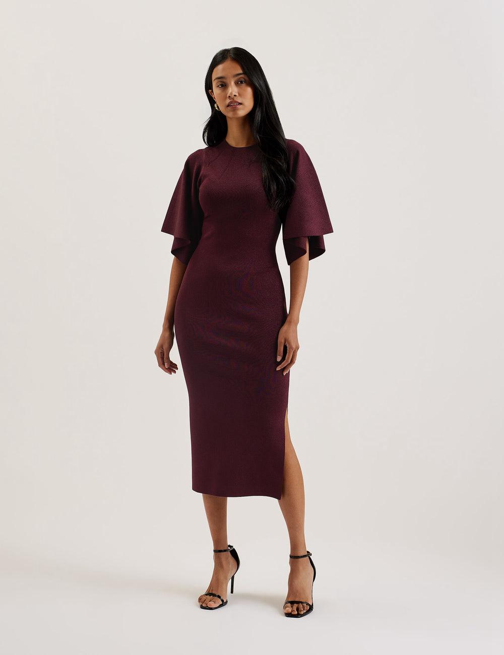 Ted Baker LOUANAA - Metallic Knit Fluted Sleeve Midi-kleid Damen Rot | WVMAG-4591