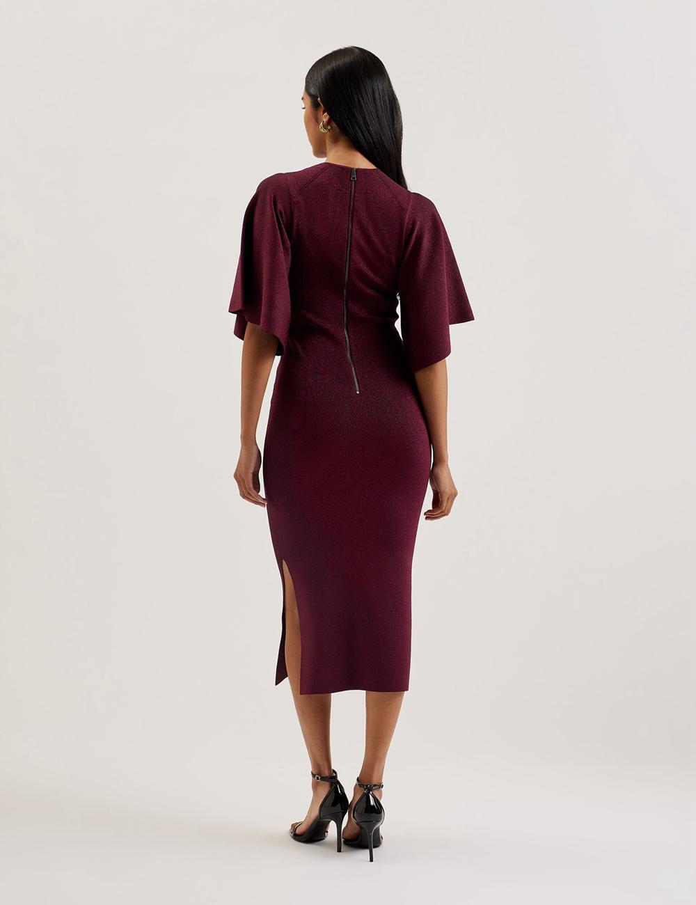 Ted Baker LOUANAA - Metallic Knit Fluted Sleeve Midi-kleid Damen Rot | WVMAG-4591