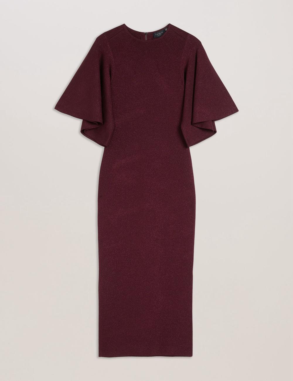 Ted Baker LOUANAA - Metallic Knit Fluted Sleeve Midi-kleid Damen Rot | WVMAG-4591