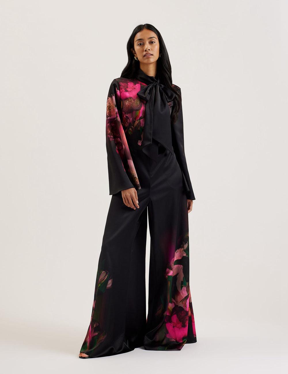 Ted Baker LOUSIOS - Printed Neck Wide Leg Jumpsuit Damen Schwarz | ZOVLR-6097
