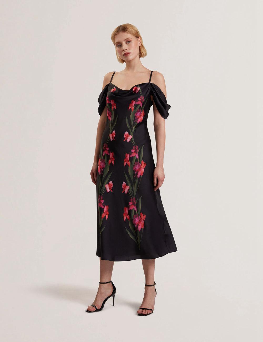 Ted Baker LUCERN - Floral Satin Off Shoulder Bias Midi-kleid Damen Schwarz | EORZI-9126
