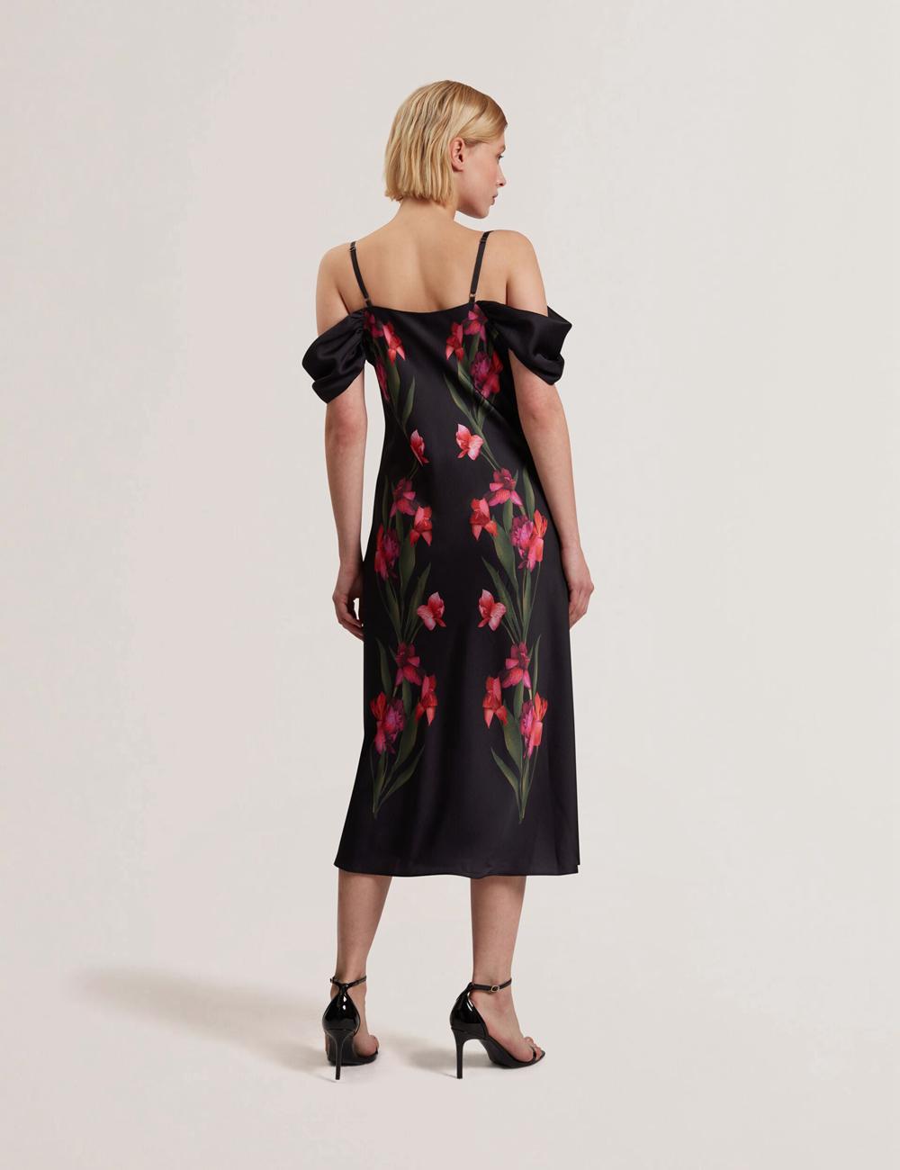 Ted Baker LUCERN - Floral Satin Off Shoulder Bias Midi-kleid Damen Schwarz | EORZI-9126