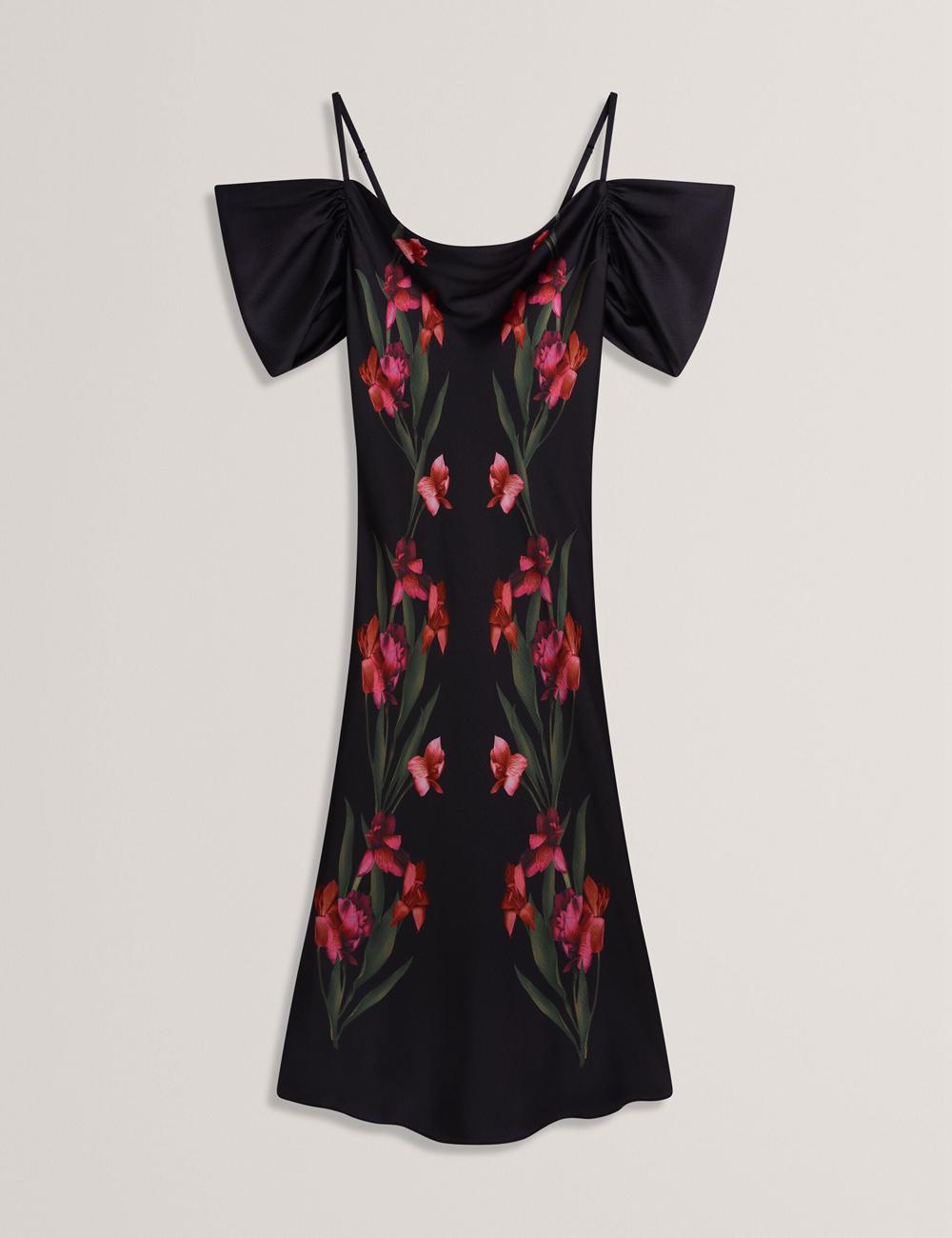 Ted Baker LUCERN - Floral Satin Off Shoulder Bias Midi-kleid Damen Schwarz | EORZI-9126