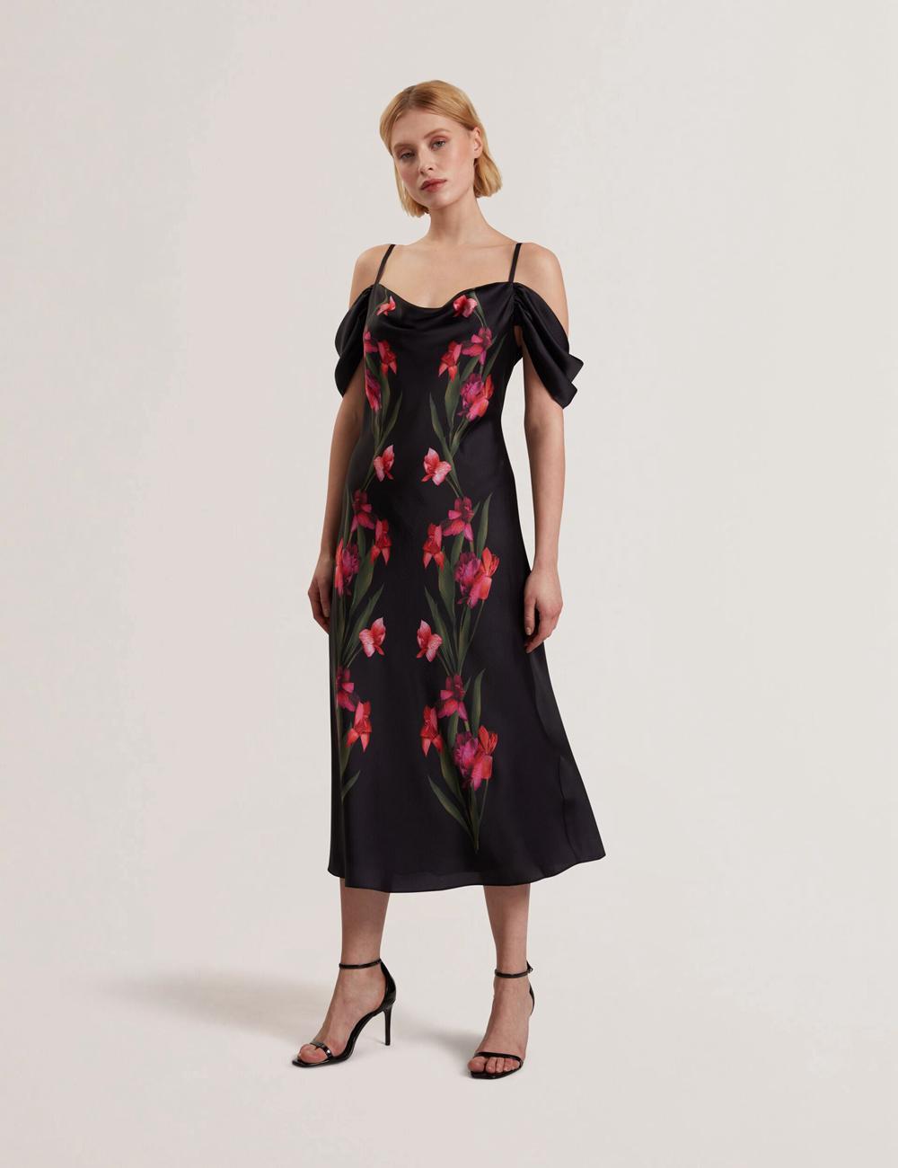 Ted Baker LUCERN - Floral Satin Off Shoulder Bias Midi-kleid Damen Schwarz | EORZI-9126