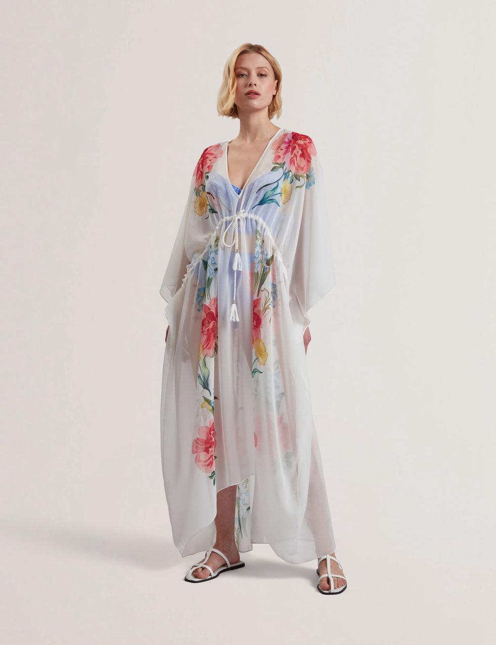 Ted Baker LUUSAA - Floral V-Neck Maxi Kaftan Beach Dress Cover-Ups Damen Weiß | SQLUY-8913