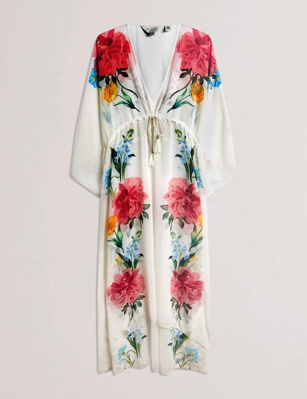 Ted Baker LUUSAA - Floral V-Neck Maxi Kaftan Beach Dress Cover-Ups Damen Weiß | SQLUY-8913