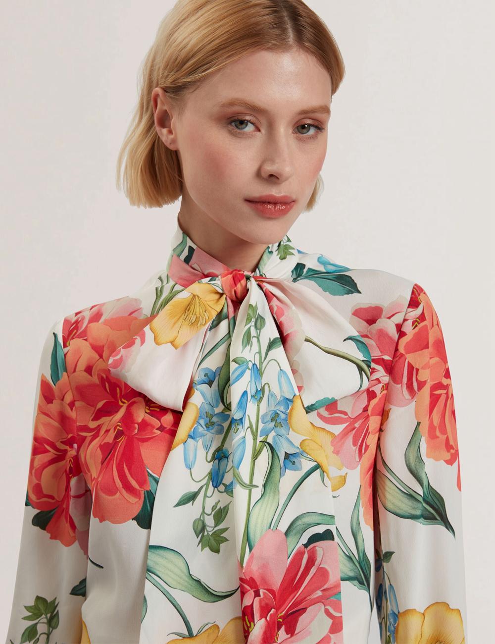 Ted Baker LUUSILE - Floral Print Neck Long Sleeve Bluse Damen Weiß | RCGZB-9374