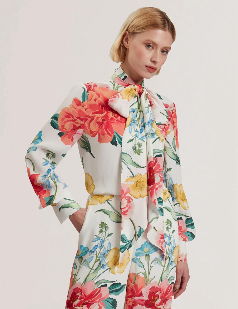 Ted Baker LUUSILE - Floral Print Neck Long Sleeve Bluse Damen Weiß | RCGZB-9374