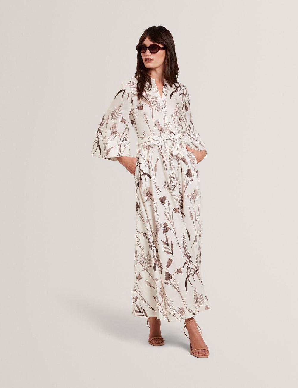 Ted Baker LUWISA - Floral Linen Silk Belted Midi Shirt Midi-kleid Damen Ivory | ZAQDI-9086