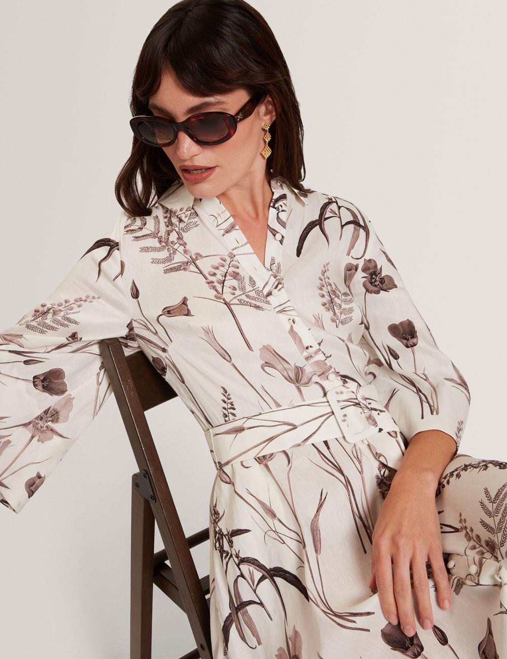 Ted Baker LUWISA - Floral Linen Silk Belted Midi Shirt Midi-kleid Damen Ivory | ZAQDI-9086
