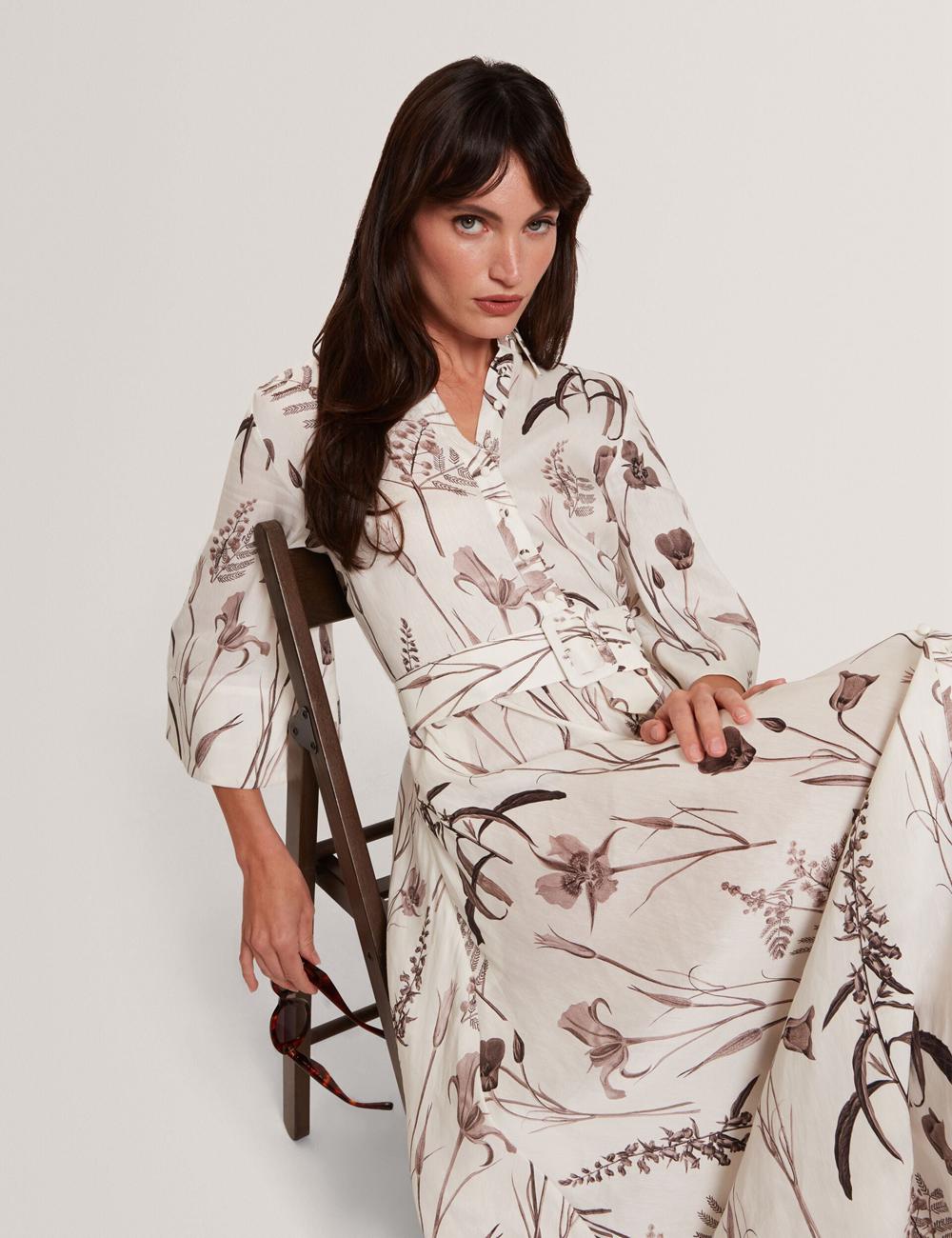 Ted Baker LUWISA - Floral Linen Silk Belted Midi Shirt Midi-kleid Damen Ivory | ZAQDI-9086