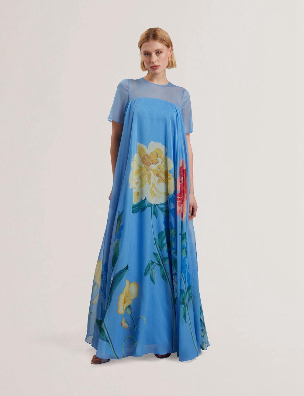 Ted Baker MALRIE - Sheer Neck Floral Trapeze Maxikleid Damen Blau | GVOEW-1937