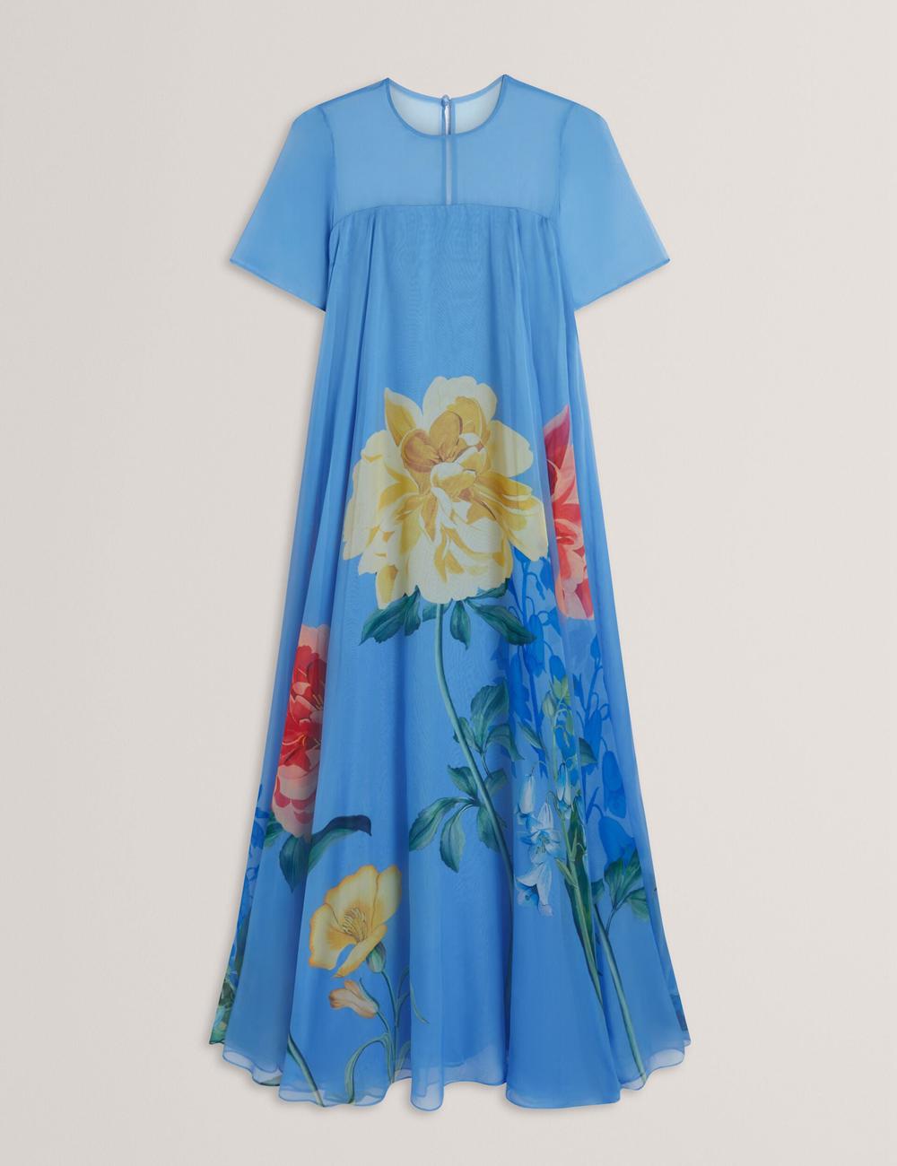 Ted Baker MALRIE - Sheer Neck Floral Trapeze Maxikleid Damen Blau | GVOEW-1937