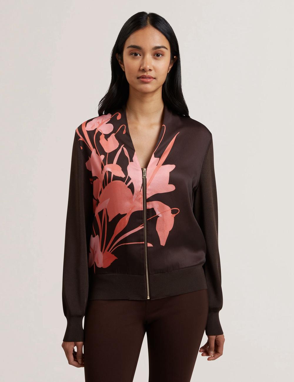 Ted Baker MATIINA - Printed Front Zip-Up Bomber Strickjacke Damen Braun | XJBON-8160