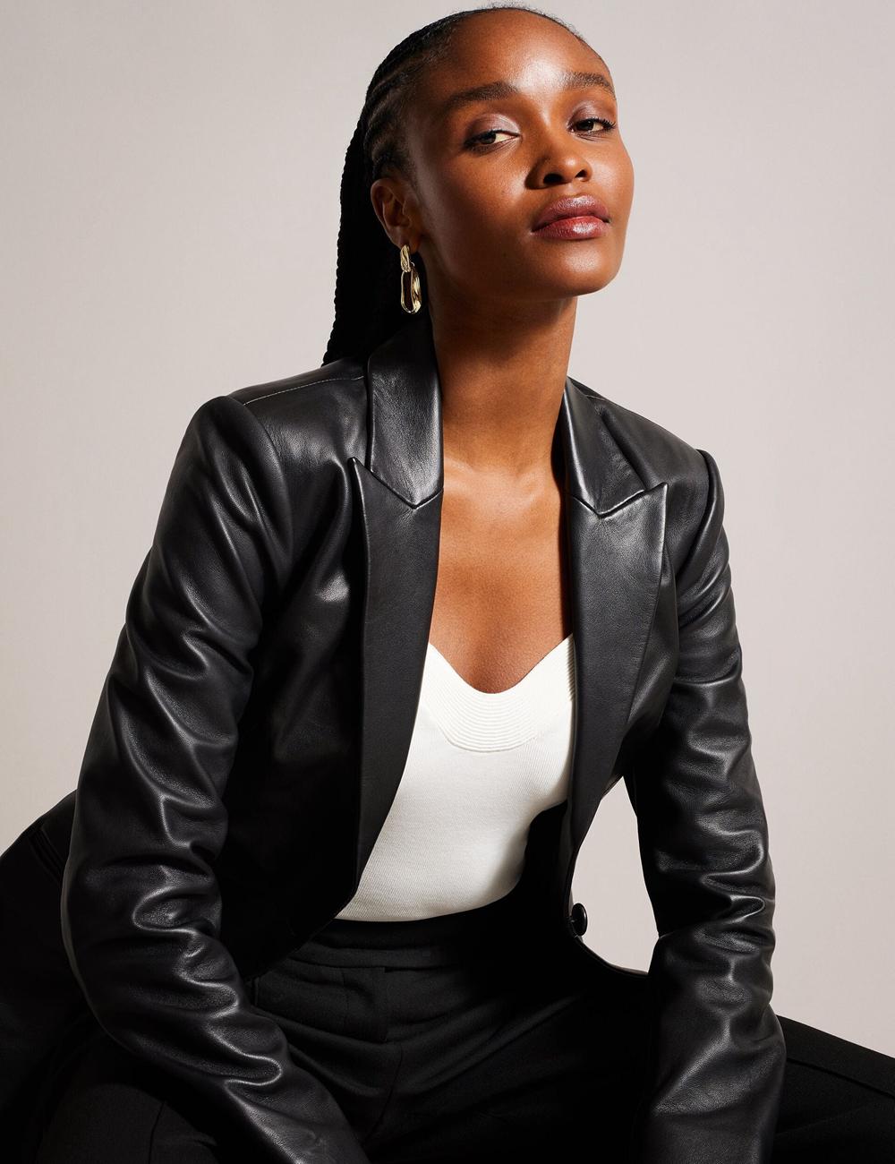 Ted Baker MELLIIE - Longline Single Breasted Leather Blazer Damen Schwarz | OPSRG-3542