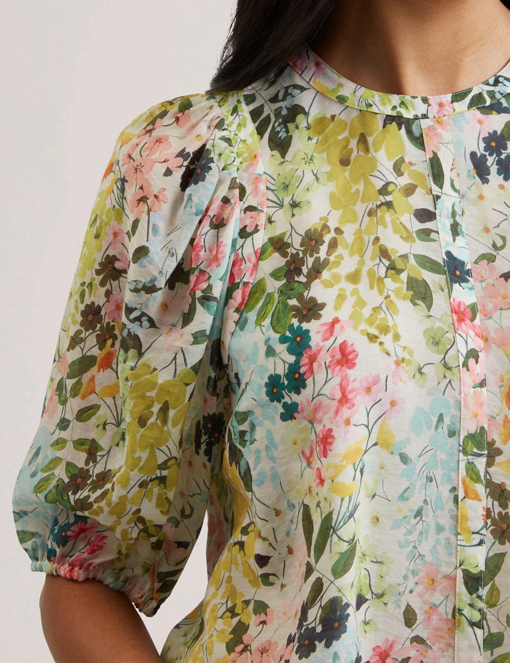 Ted Baker MICHA - Floral Binding Detail Puffed Sleeve Bluse Damen Ivory | YMJGO-6012