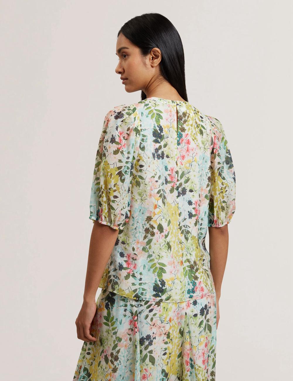 Ted Baker MICHA - Floral Binding Detail Puffed Sleeve Bluse Damen Ivory | YMJGO-6012