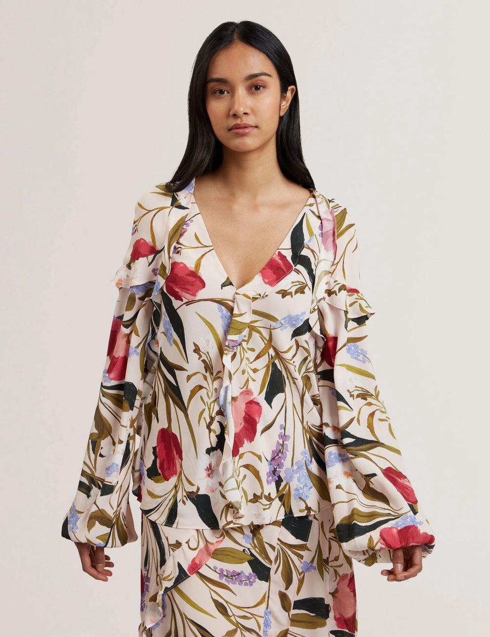 Ted Baker MINASA - Floral Print Frill Trim Long Sleeve Bluse Damen Rosa | HJYTK-0184