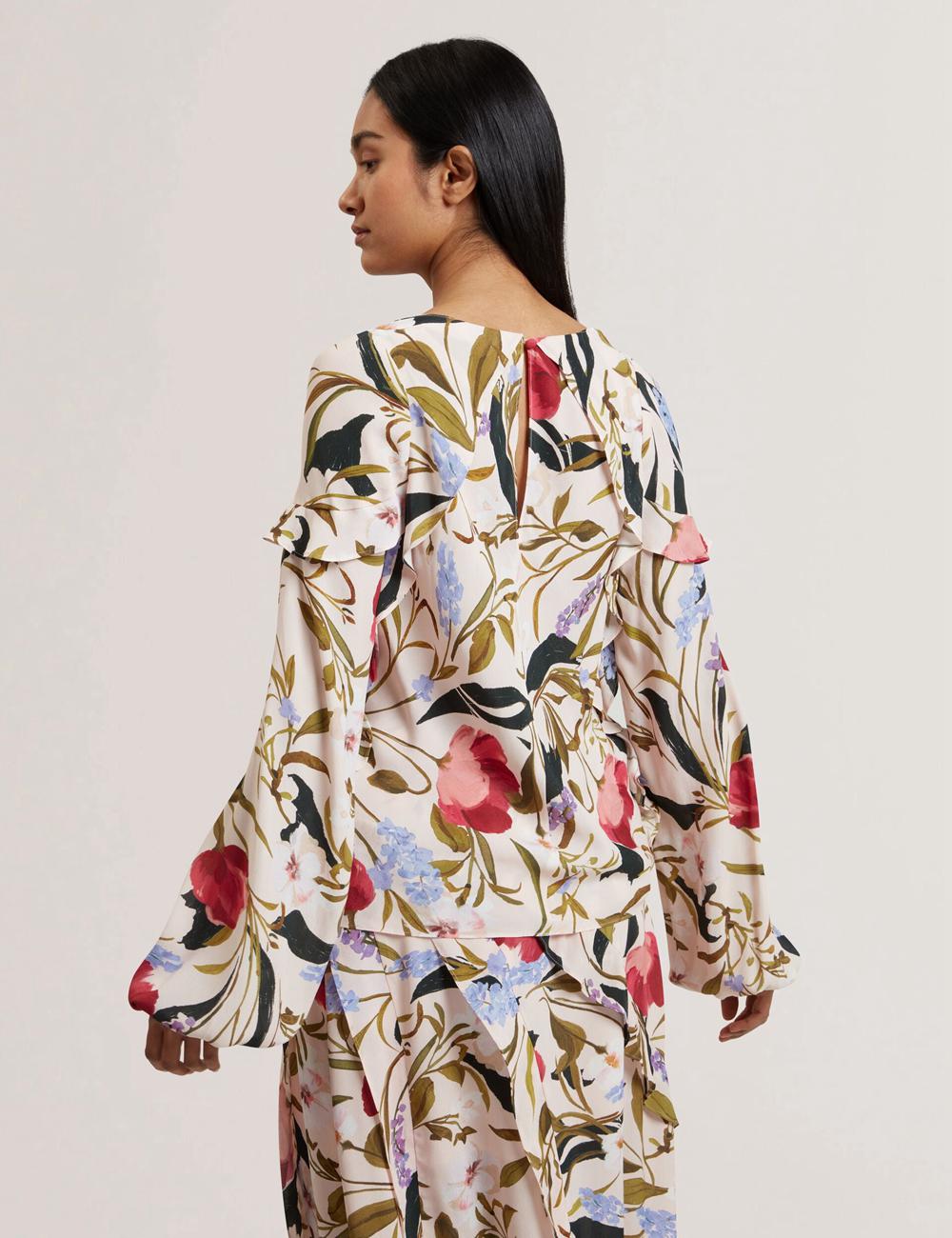 Ted Baker MINASA - Floral Print Frill Trim Long Sleeve Bluse Damen Rosa | HJYTK-0184