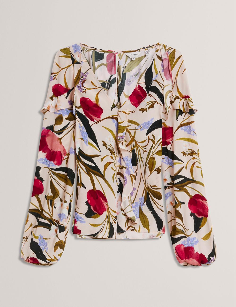 Ted Baker MINASA - Floral Print Frill Trim Long Sleeve Bluse Damen Rosa | HJYTK-0184