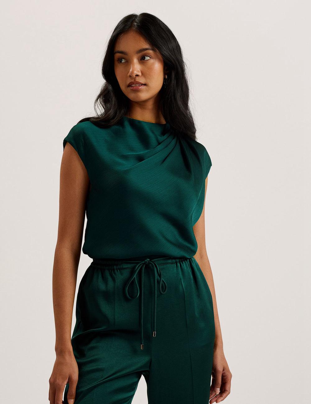Ted Baker MISRINA - Drape Neck Detail Satin Top Pullover Damen Grün | LRFMU-7381