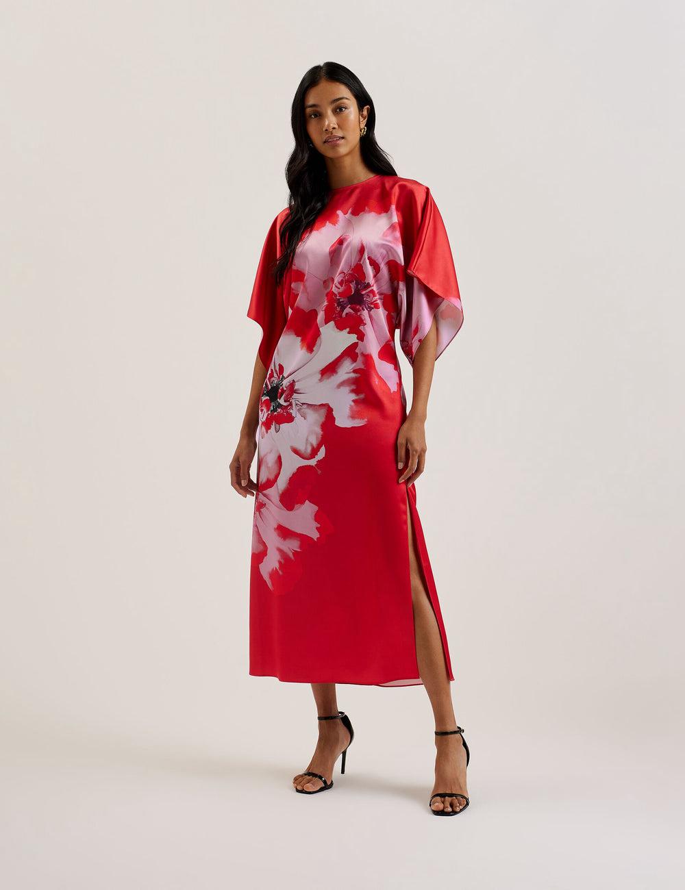 Ted Baker NASINU - Printed Satin Batwing Sleeve Midi-kleid Damen Rot | ODFJU-4987