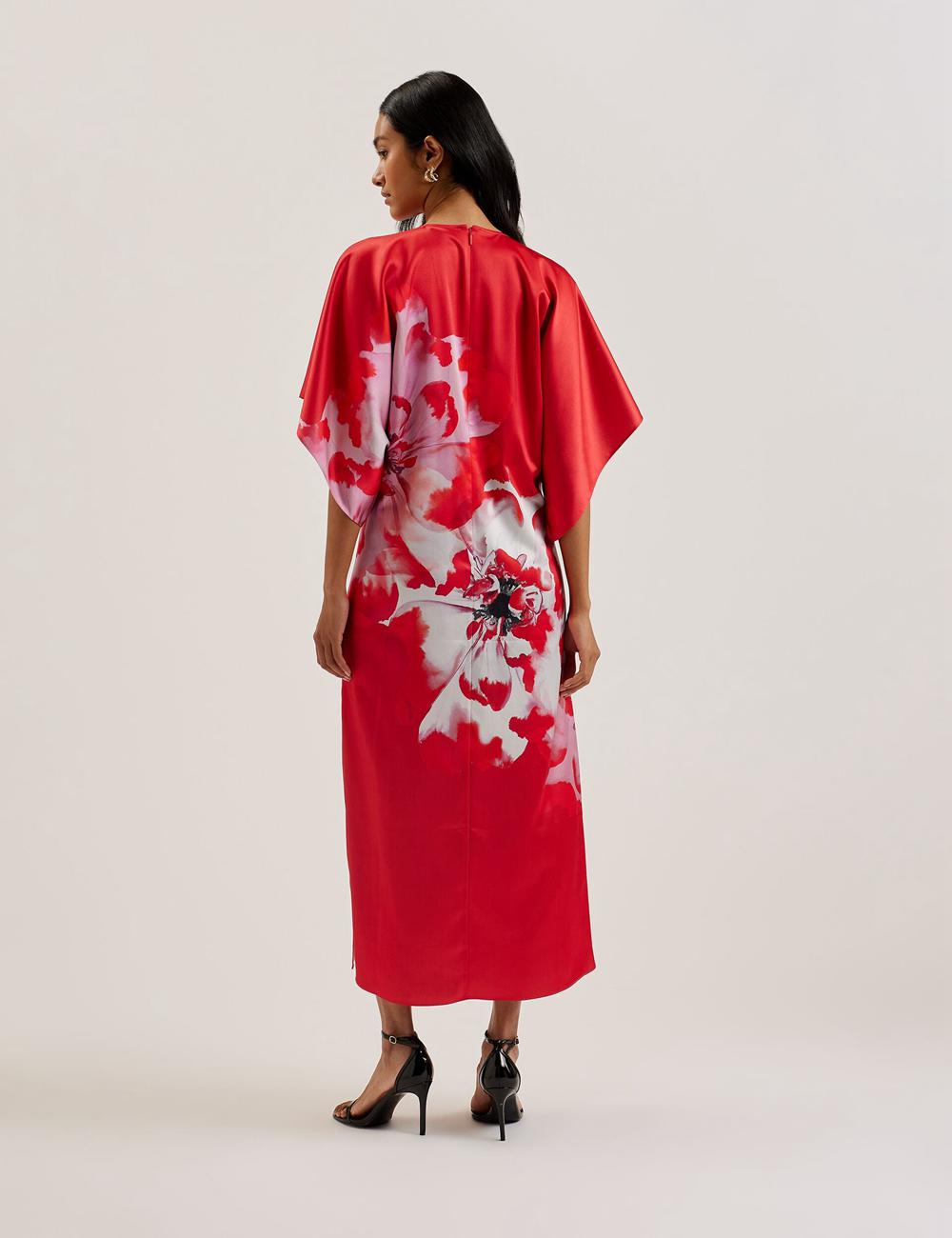 Ted Baker NASINU - Printed Satin Batwing Sleeve Midi-kleid Damen Rot | ODFJU-4987