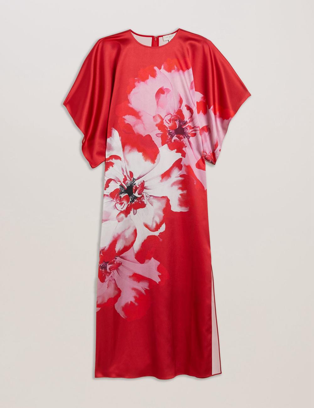 Ted Baker NASINU - Printed Satin Batwing Sleeve Midi-kleid Damen Rot | ODFJU-4987