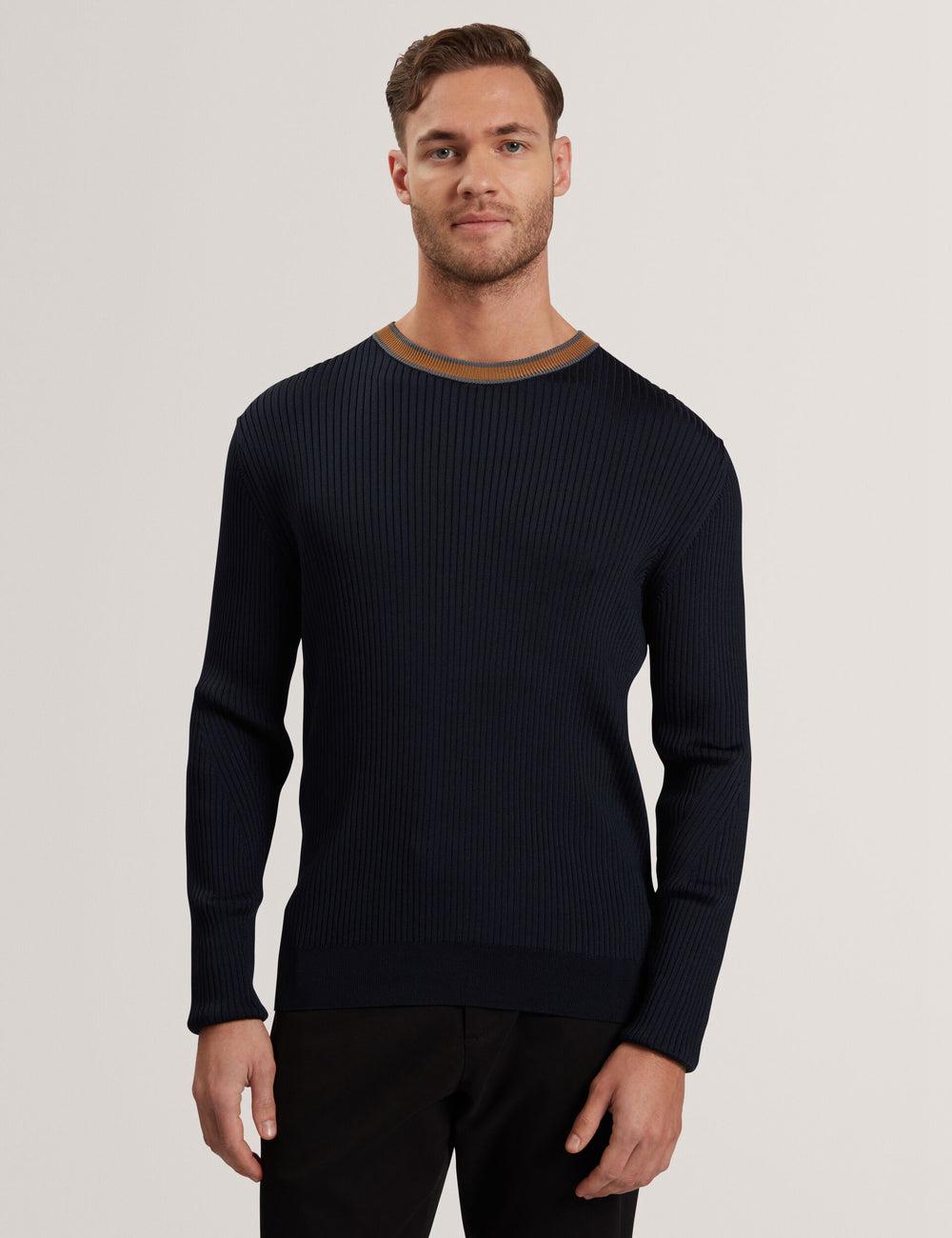 Ted Baker NAYOR - Long Sleeve Rayon Ribbed Crew Neck Pullover Herren Navy | KUBJY-3945