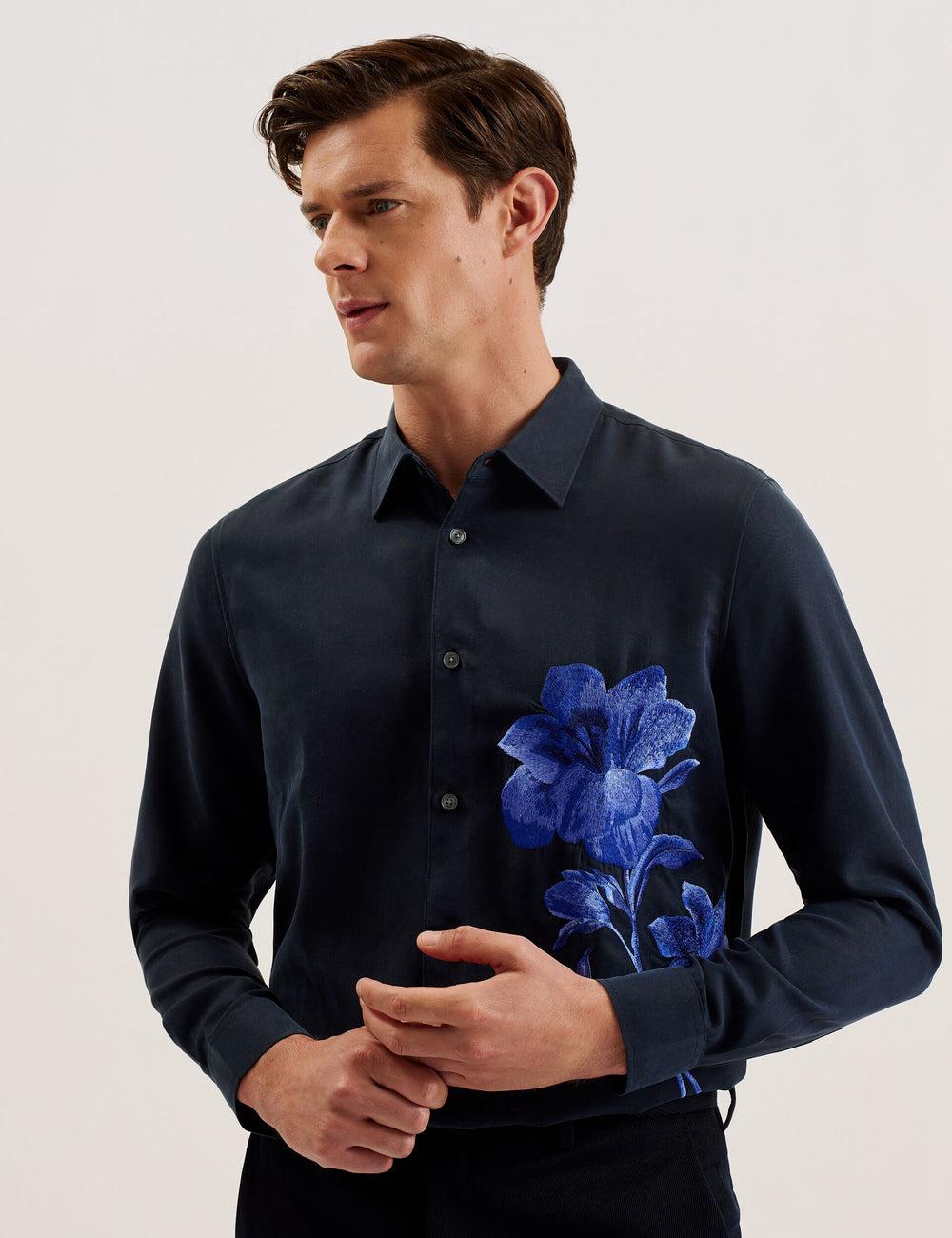 Ted Baker NESSMEN - Embroidered Detail Relaxed Fit Hemd Herren Navy | NWOQP-0478