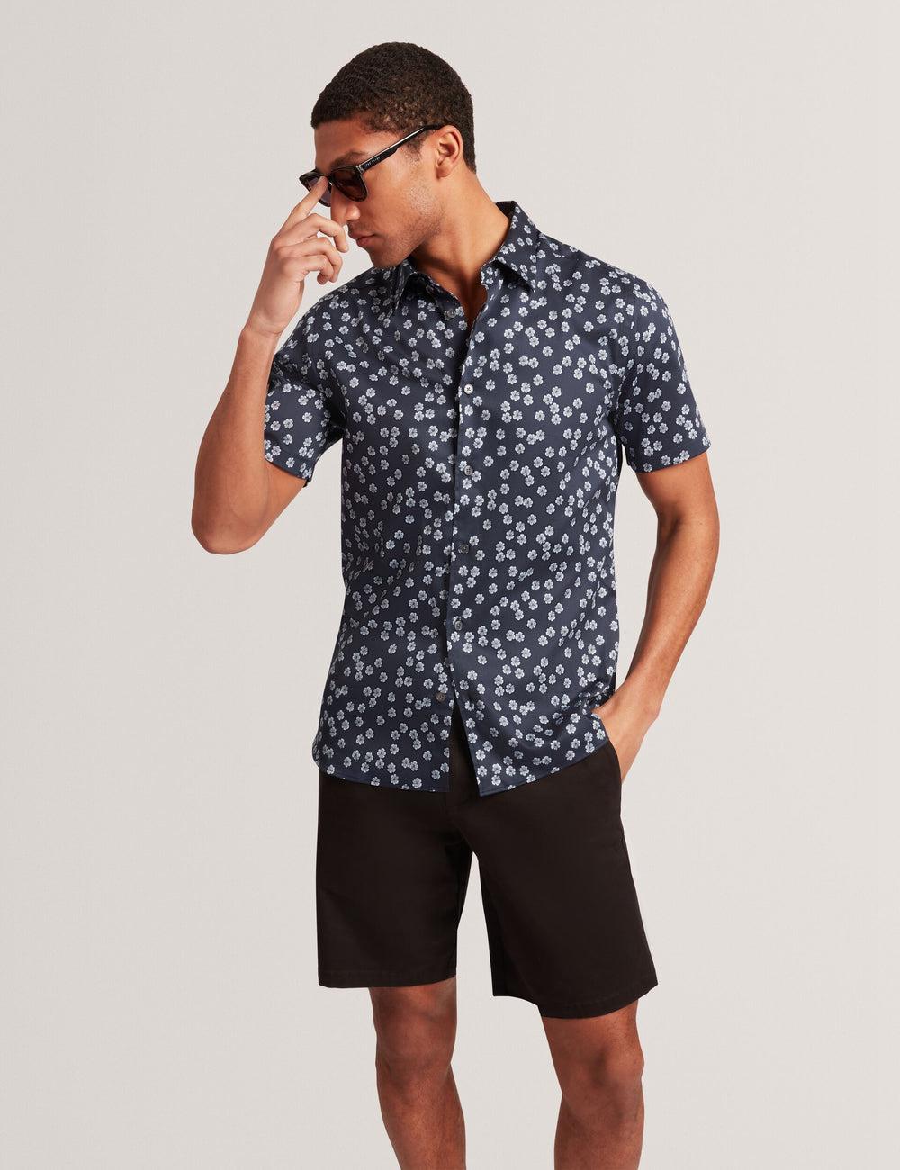 Ted Baker NIKSHO - Short Sleeve Slim Ditsy Floral Hemd Herren Navy | GRTDY-1329