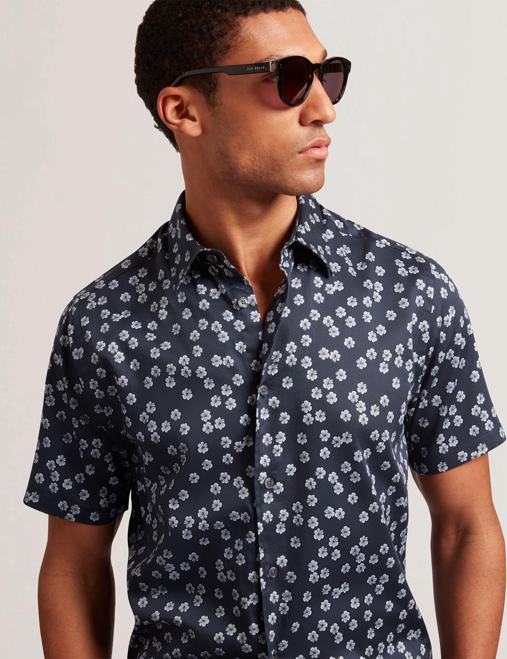 Ted Baker NIKSHO - Short Sleeve Slim Ditsy Floral Hemd Herren Navy | GRTDY-1329