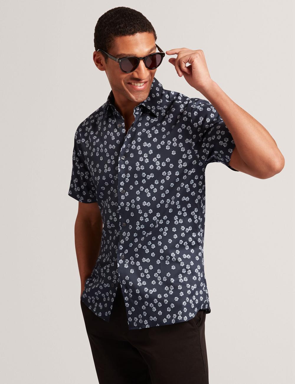 Ted Baker NIKSHO - Short Sleeve Slim Ditsy Floral Hemd Herren Navy | GRTDY-1329