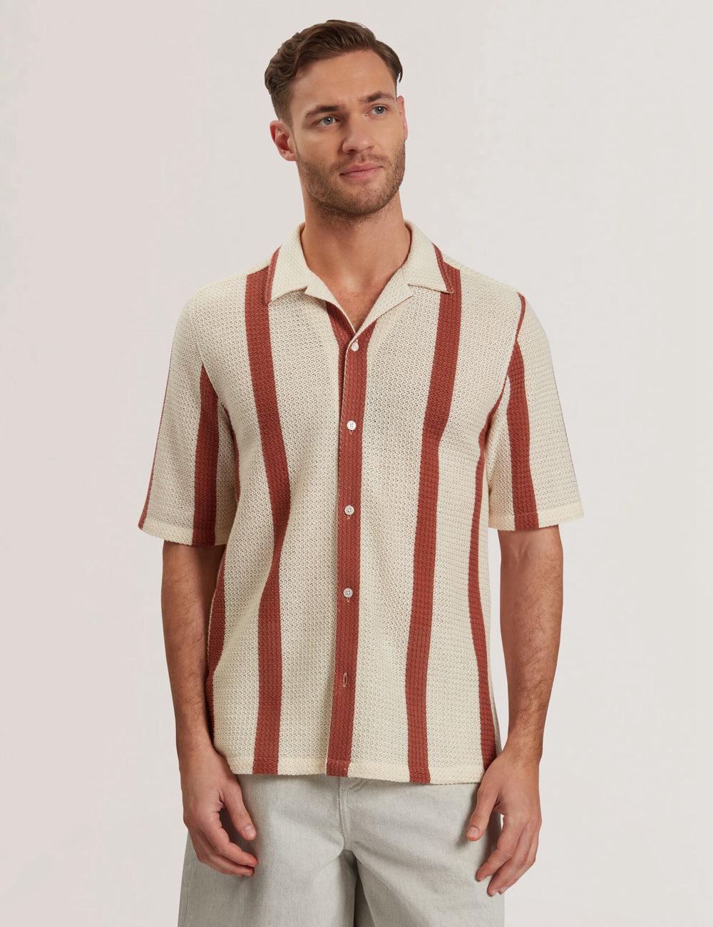 Ted Baker NIKS - Short Sleeve Stripe Crochet Oversized Hemd Herren Taupe | SXNHT-2968