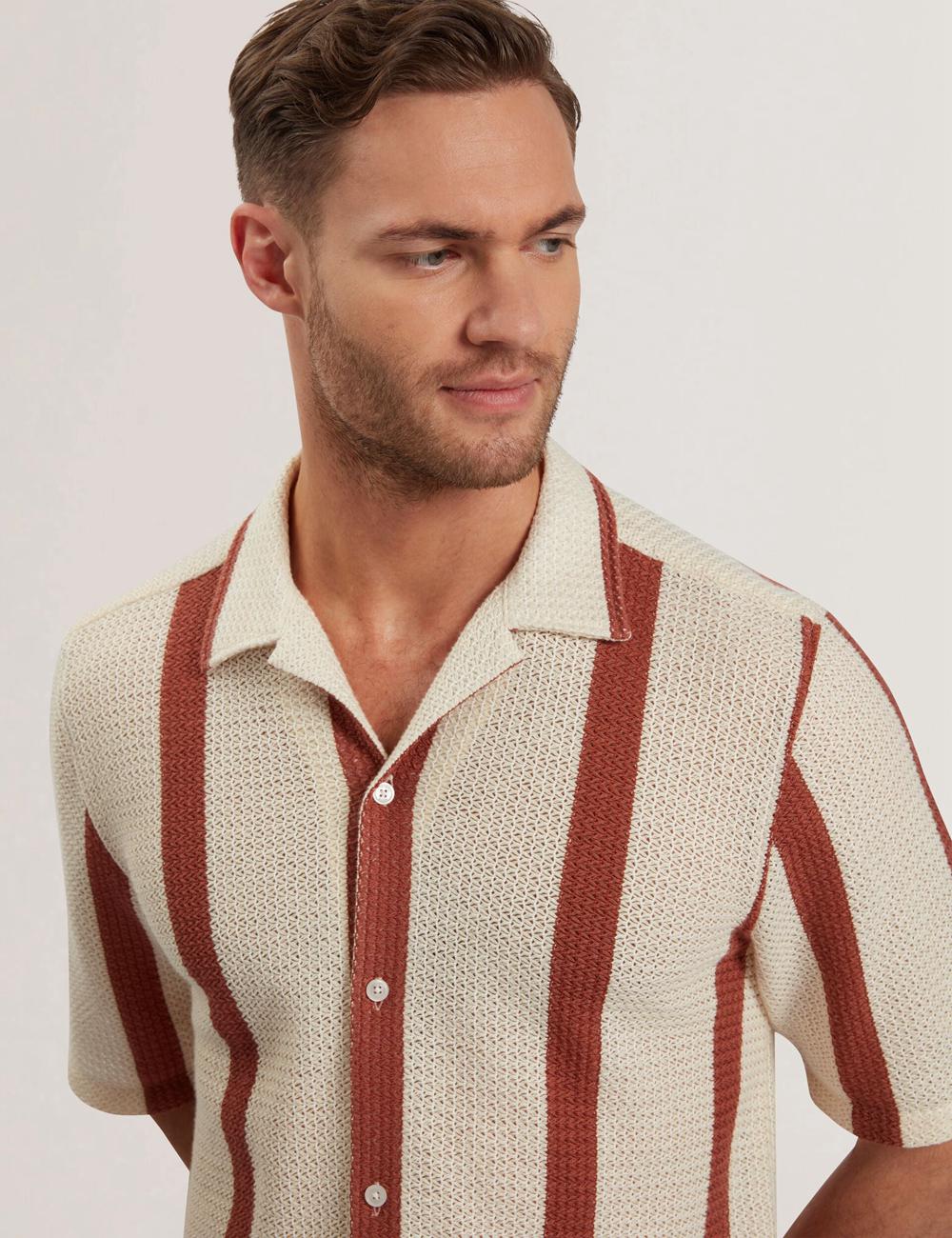 Ted Baker NIKS - Short Sleeve Stripe Crochet Oversized Hemd Herren Taupe | SXNHT-2968