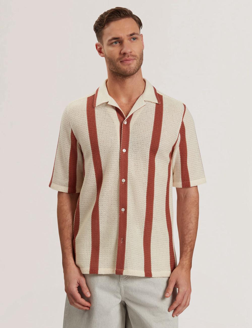 Ted Baker NIKS - Short Sleeve Stripe Crochet Oversized Hemd Herren Taupe | SXNHT-2968