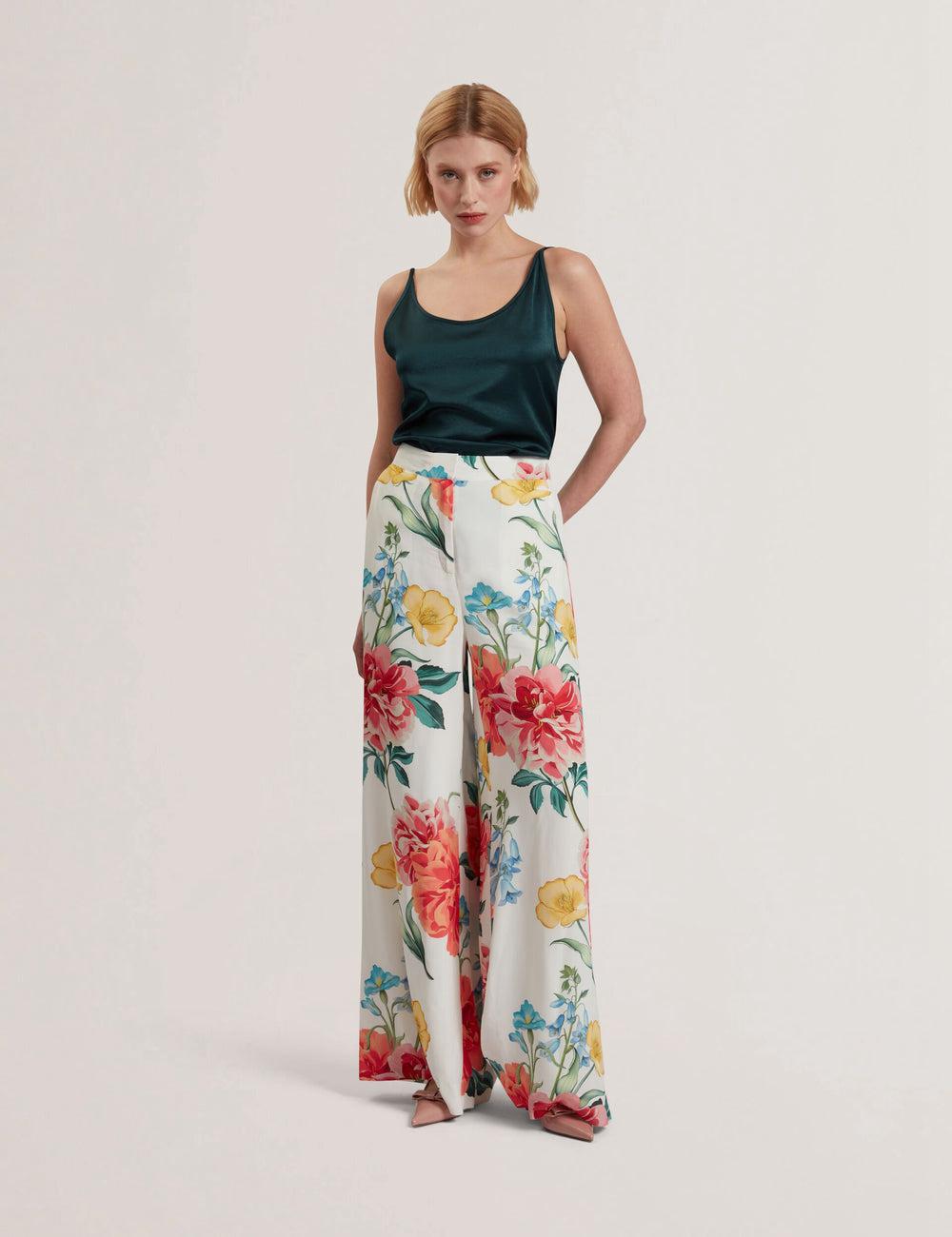 Ted Baker NYMPHAT - Floral Print High Waisted Wide Leg Hosen Damen Weiß | MPUHD-6548