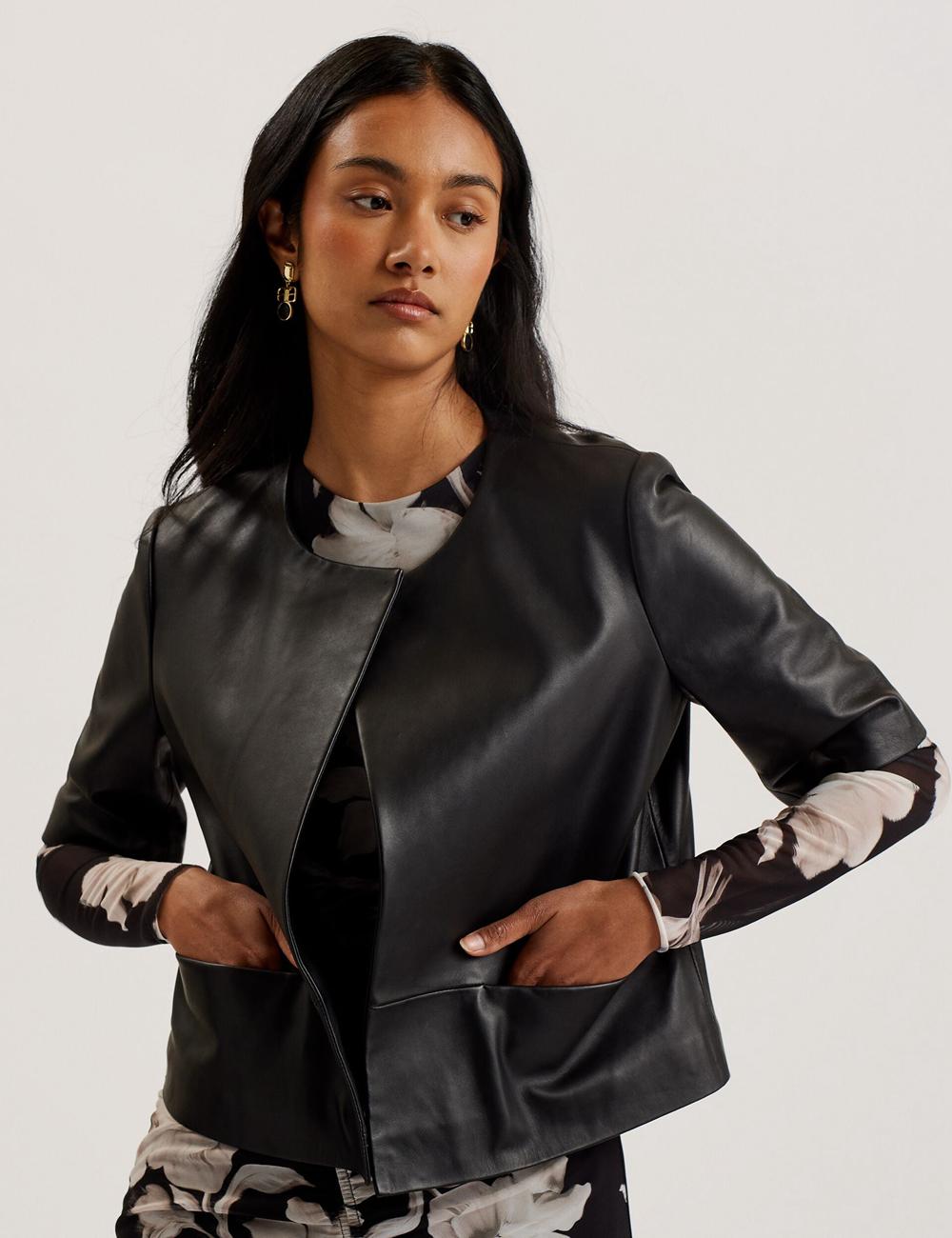 Ted Baker OBINO - Cropped Sleeve Open Leather Jacken Damen Schwarz | HICTP-8697