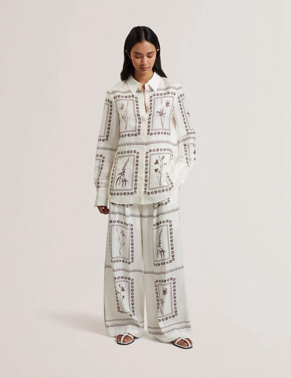 Ted Baker ORNITHA - Panel Print Silk Linen Wide Leg Hosen Damen Ivory | XUVGS-5486