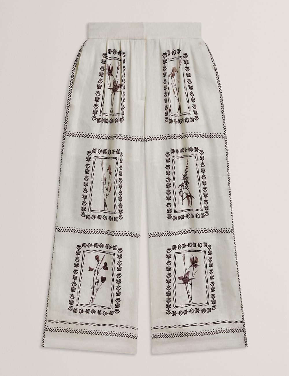 Ted Baker ORNITHA - Panel Print Silk Linen Wide Leg Hosen Damen Ivory | XUVGS-5486
