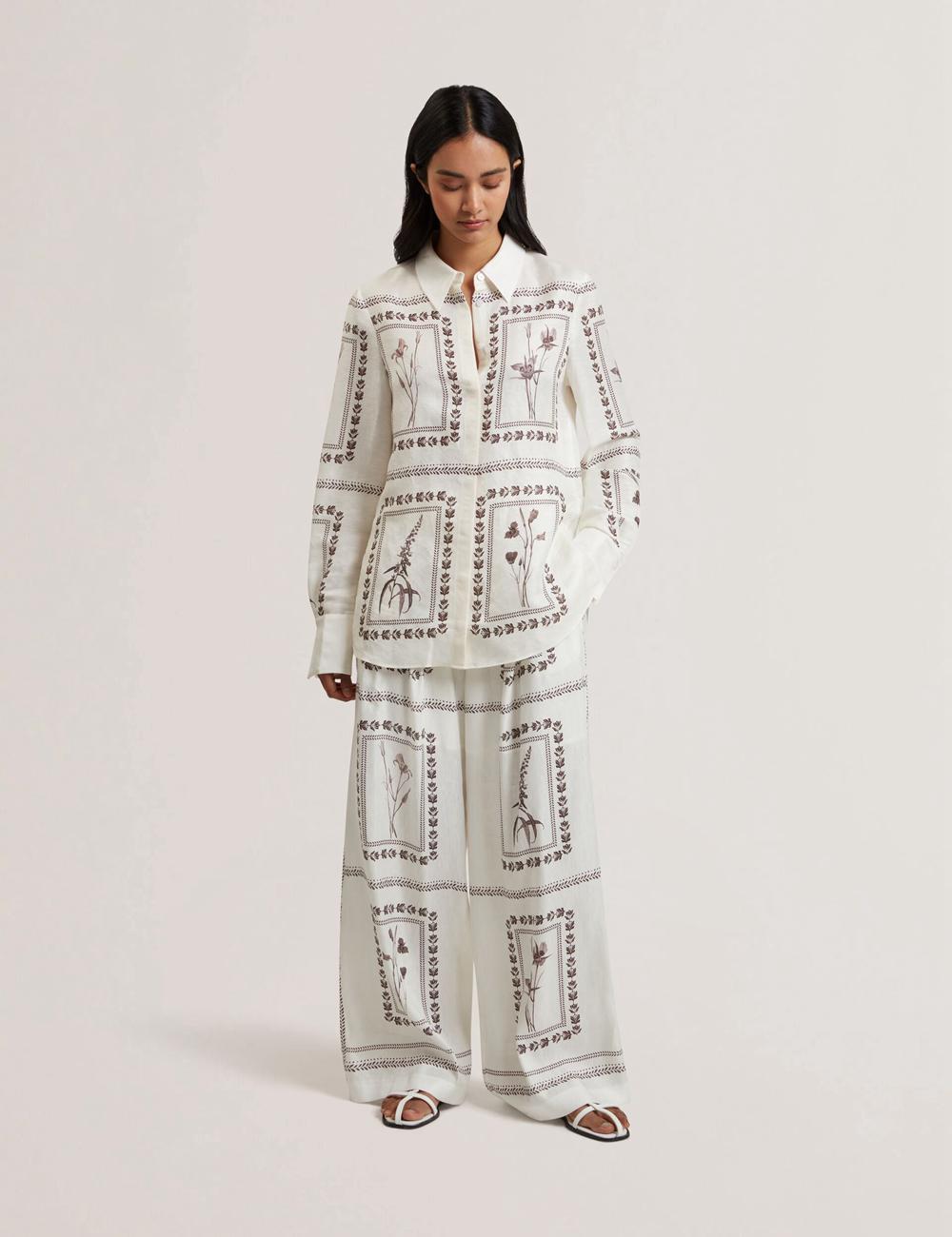 Ted Baker ORNITHA - Panel Print Silk Linen Wide Leg Hosen Damen Ivory | XUVGS-5486