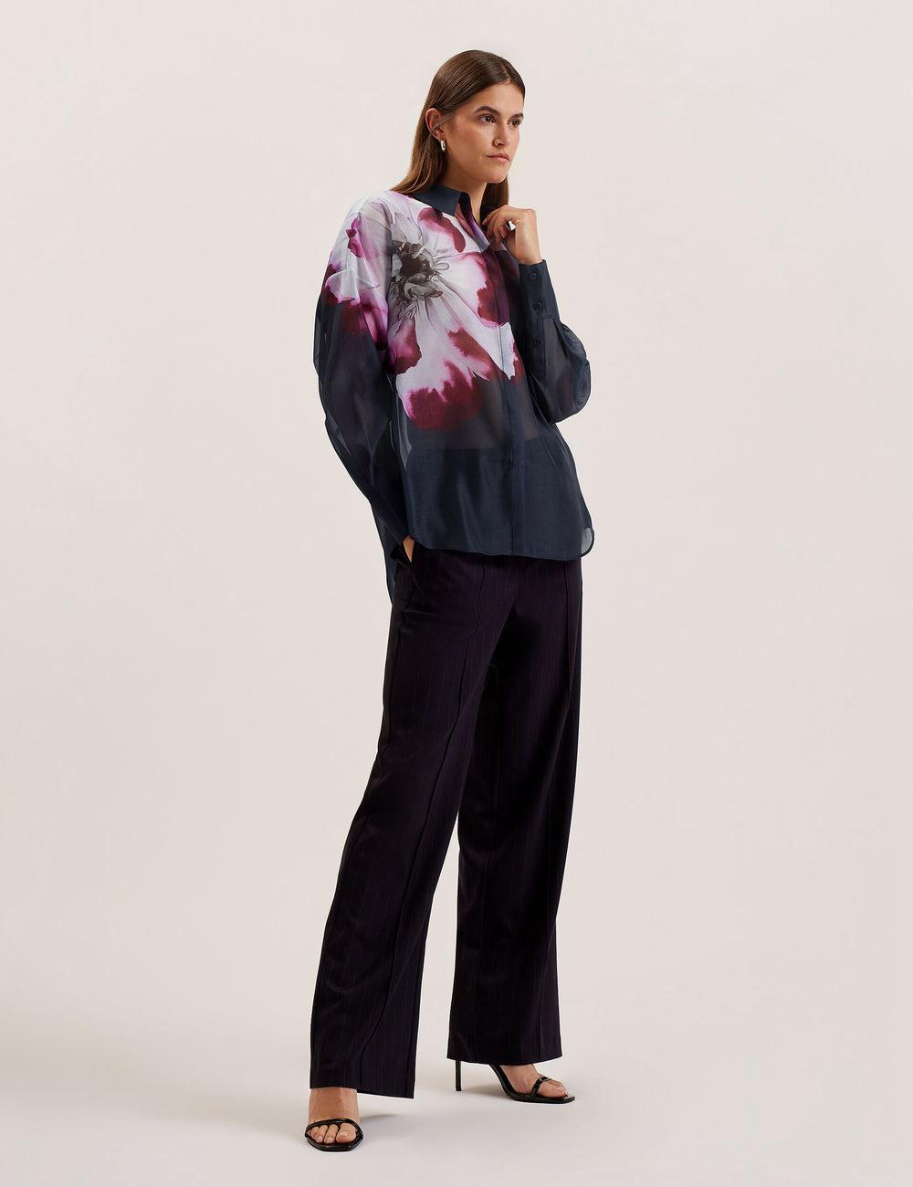 Ted Baker ORRIN - Floral Sheer Organza Oversized Hemd Damen Navy | XMGDA-2819