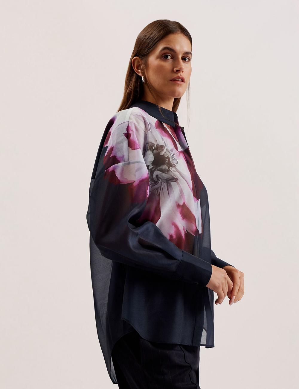 Ted Baker ORRIN - Floral Sheer Organza Oversized Hemd Damen Navy | XMGDA-2819