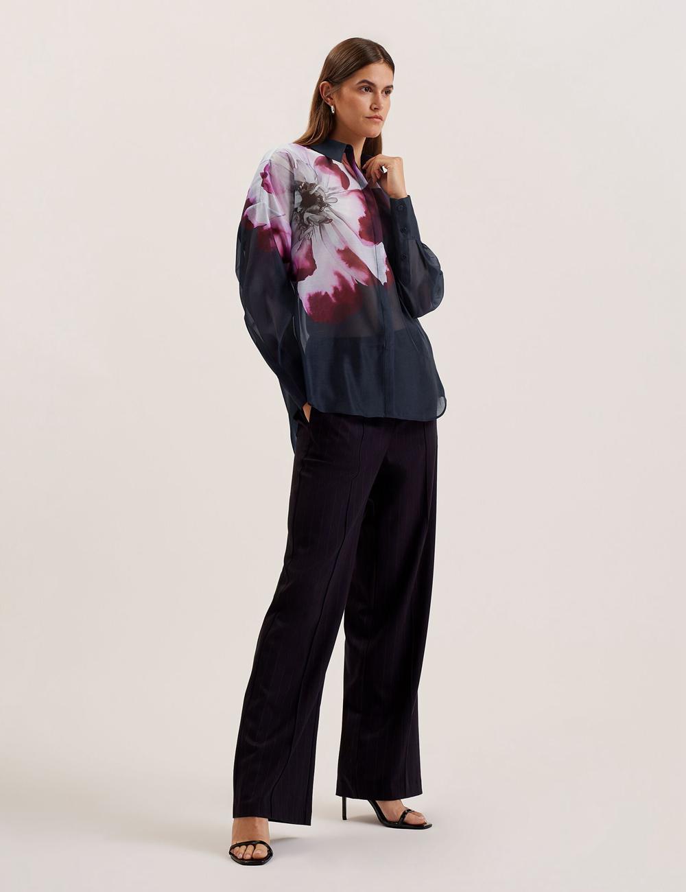Ted Baker ORRIN - Floral Sheer Organza Oversized Hemd Damen Navy | XMGDA-2819