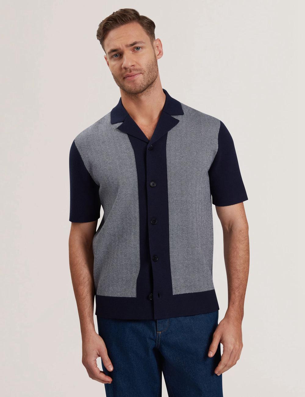 Ted Baker PADRIG - Herringbone Knit Colour Block Short Sleeve Hemd Herren Navy | GAIOK-8254