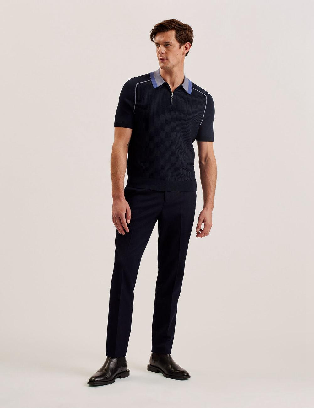 Ted Baker PAXTO - Textured Zip With Striped Collar Polo Shirts Herren Navy | RKAQZ-8729