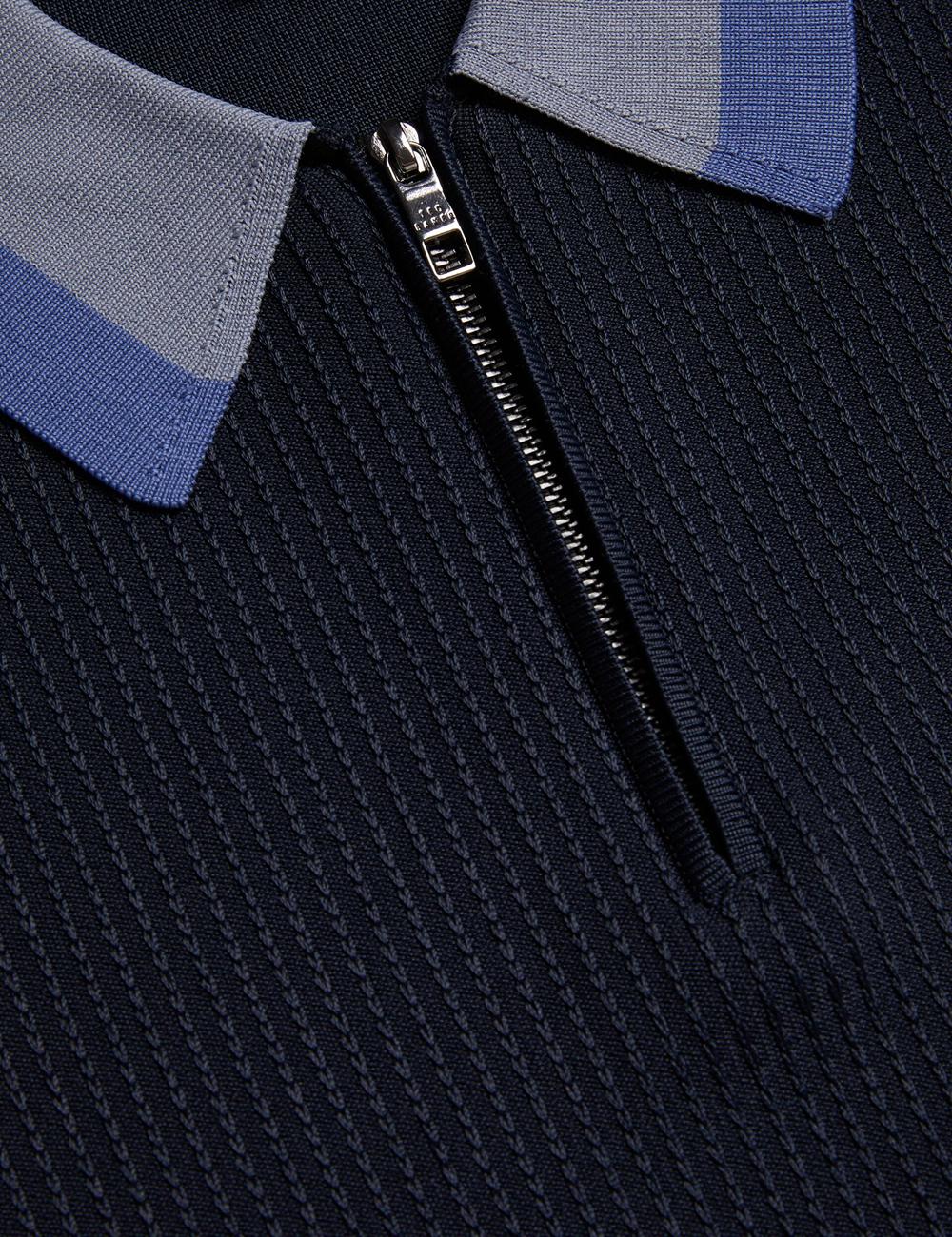 Ted Baker PAXTO - Textured Zip With Striped Collar Polo Shirts Herren Navy | RKAQZ-8729