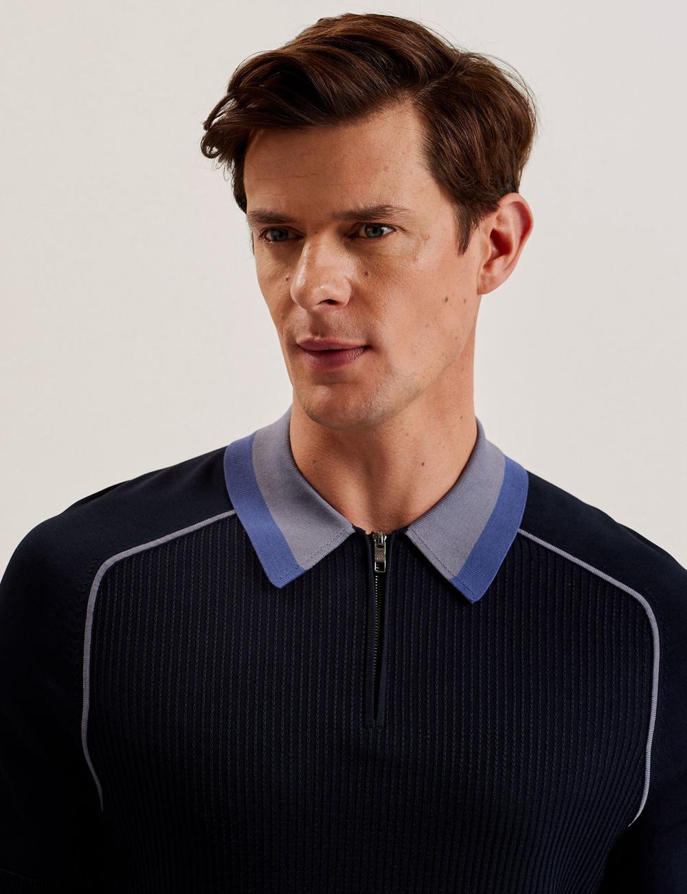 Ted Baker PAXTO - Textured Zip With Striped Collar Polo Shirts Herren Navy | RKAQZ-8729
