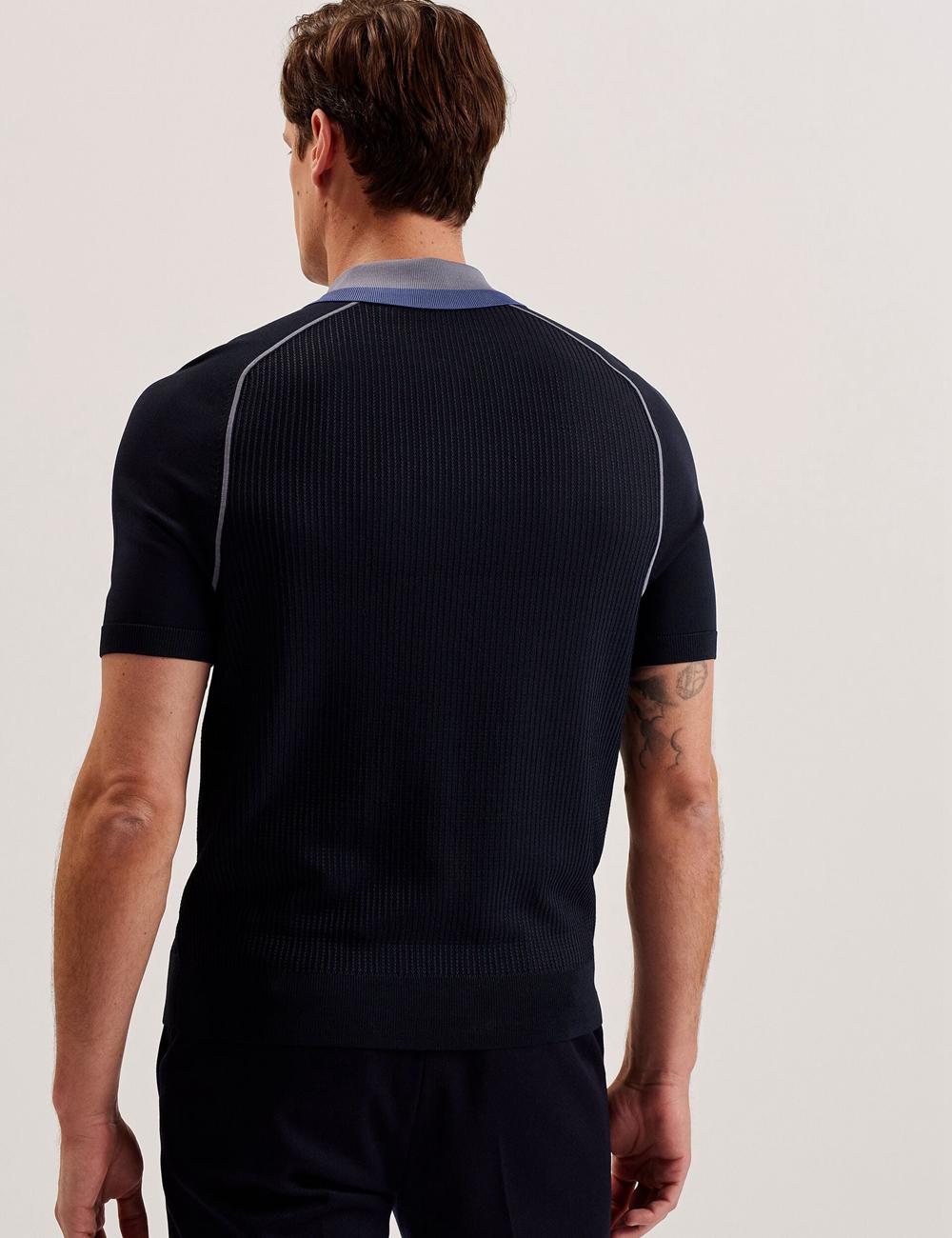 Ted Baker PAXTO - Textured Zip With Striped Collar Polo Shirts Herren Navy | RKAQZ-8729