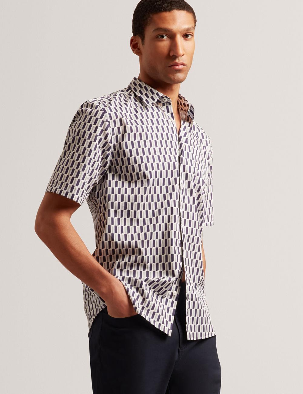 Ted Baker PEARSOS - Geo Print Short Sleeve Cotton Hemd Herren Navy | XEBWV-9230
